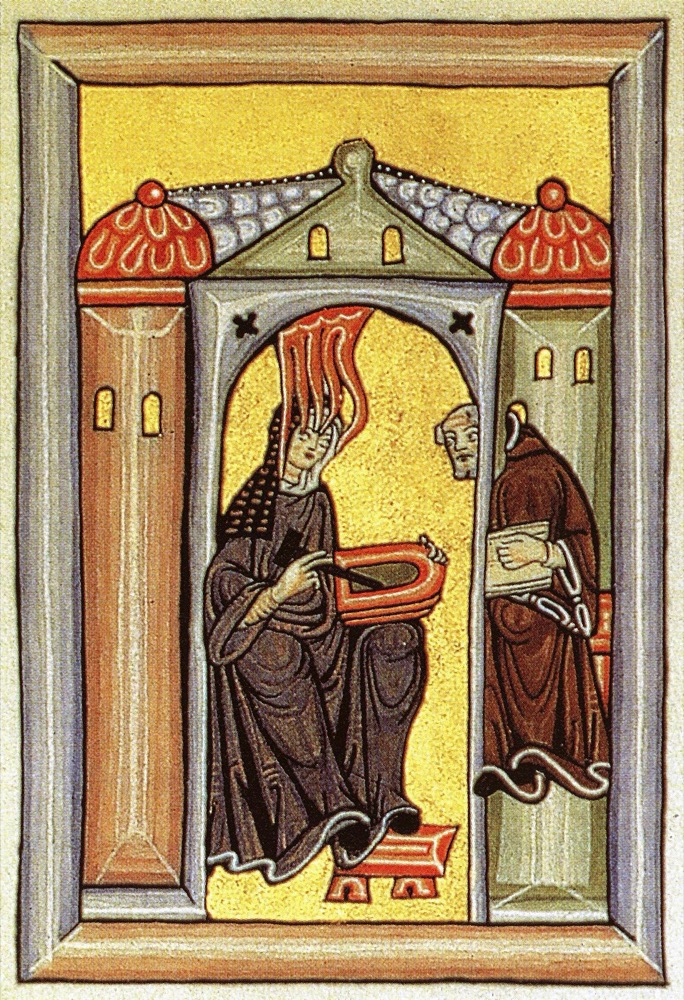 Medieval illumination of St. Hildegard of Bingen receiving a vision